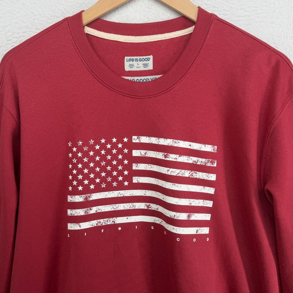 LIFE IS GOOD Sweatshirt Mens L American Flag Stars Stripes Fleece Pullover Red